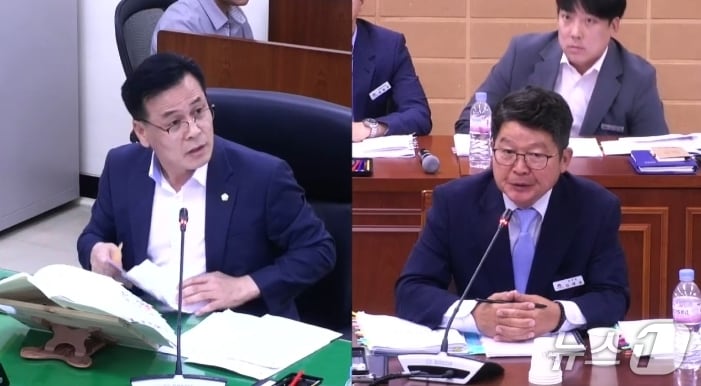 임동규 김천시의원(왼쪽)이 지난 16일 시설관리공단을 대상으로 행정사무감사를 진행하고 있다. (김천시의회 홈페이지 갈무리. 제공. 재판매 및 DB금지)/뉴스1