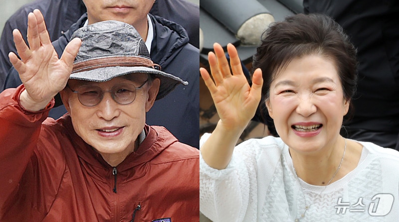 제21대 대통령선거를 하루 앞둔 2일 이명박·박근혜 전 대통령이 나란히 공개 행보에 나섰다. 사진은 서울시장 재임 시절 복원한 청계천을 찾은 이명박 전 대통령과 부산 금정구 범어사를 방문한 박근혜 전 대통령. 2025.6.2 ⓒ 뉴스1 황기선 기자, 윤일지 기자