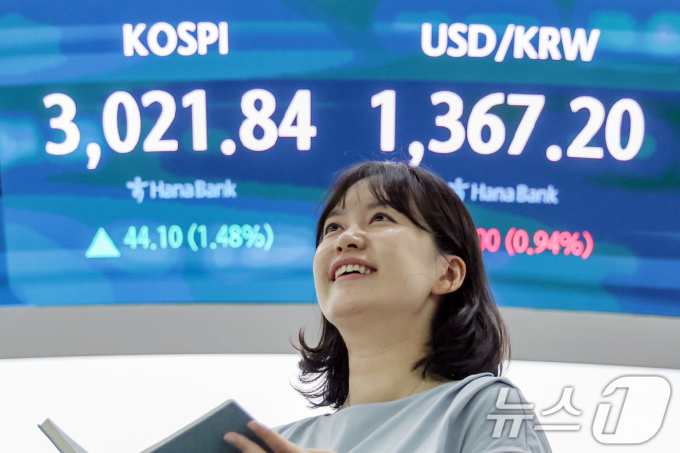 20일 오후 서울 중구 하나은행 딜링룸 전광판에 코스피 지수가 전일 대비 44.10포인트&#40;1.48%&#41; 상승한 3,021.84를, 원·달러환율은 13.30원&#40;0.96%&#41; 하락한 1,366.90원을 나타내고 있다. 코스피가 종가 기준 3000선을 마지막으로 넘긴 건 지난 2021년 12월 28일&#40;3020.24&#41; 이후 4년 6개월여 만이다. 2025.6.20/뉴스1 ⓒ News1 민경석 기자