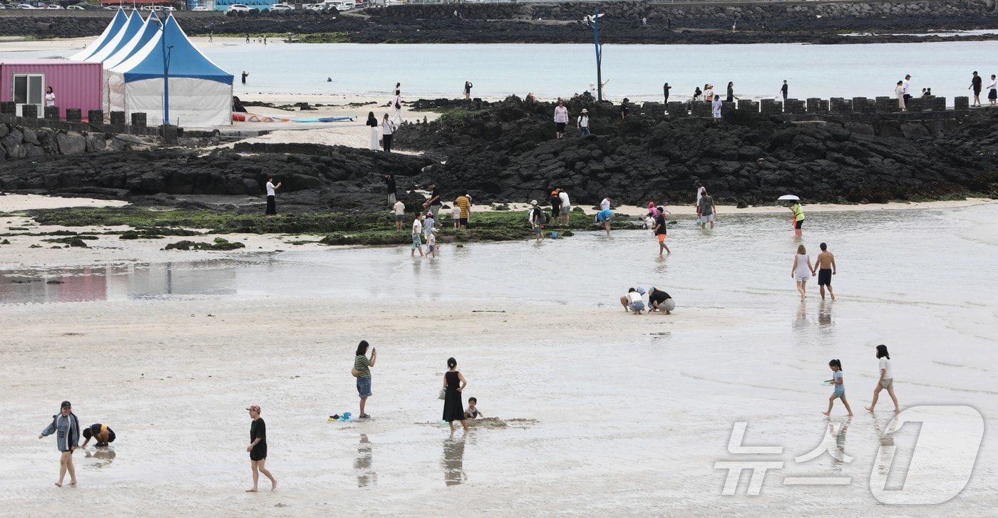 제주시 조천읍 함덕해수욕장에서 22일 도민과 관광객들이 물놀이를 즐기고 있다. 함덕 등 제주도내 해수욕장은 오는 24일 공식 개장한다. 2025.6.22./뉴스1 ⓒ News1 강승남 기자