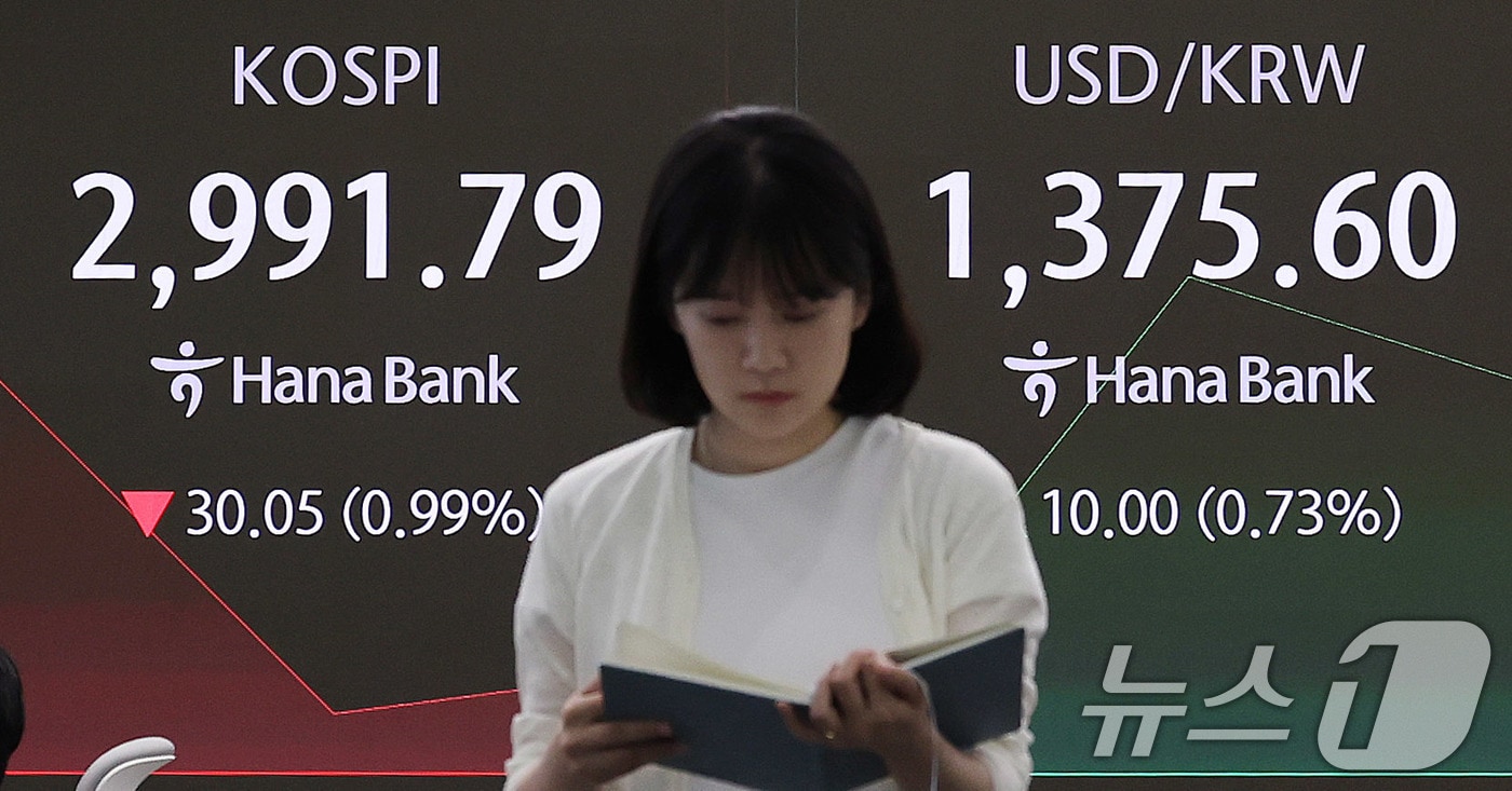 23일 오전 서울 중구 하나은행 딜링룸 전광판에 코스피 지수가 표시되고 있다. 이날 코스피는 미국의 이란 타격 등 대내외 악재에 3000선을 내주며 약세로 출발했다. 지난주 말 3년 반 만의 3000선 회복 후 거래일 기준 하루 만이다. 2025.6.23/뉴스1 ⓒ News1 박지혜 기자