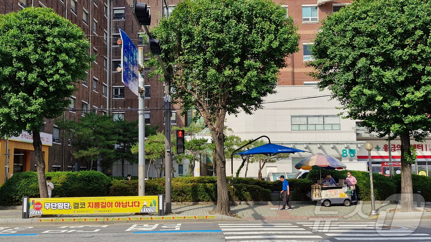 광주 전남대병원 응급실 앞에 설치된 보행 안전 현수막 게시대의 모습. (광주 동구 제공. 재판매 및 DB 금지)