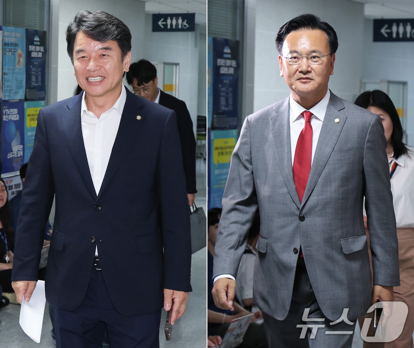 더불어민주당 문진석(왼쪽), 국민의힘 유상범 원내수석부대표가 23일 오후 서울 여의도 국회의원회관에서 본회의 일정 조정과 상임위원장 배분 협상 관련 회동을 위해 각각 입장하고 있다. 2025.6.23/뉴스1 ⓒ News1 안은나 기자