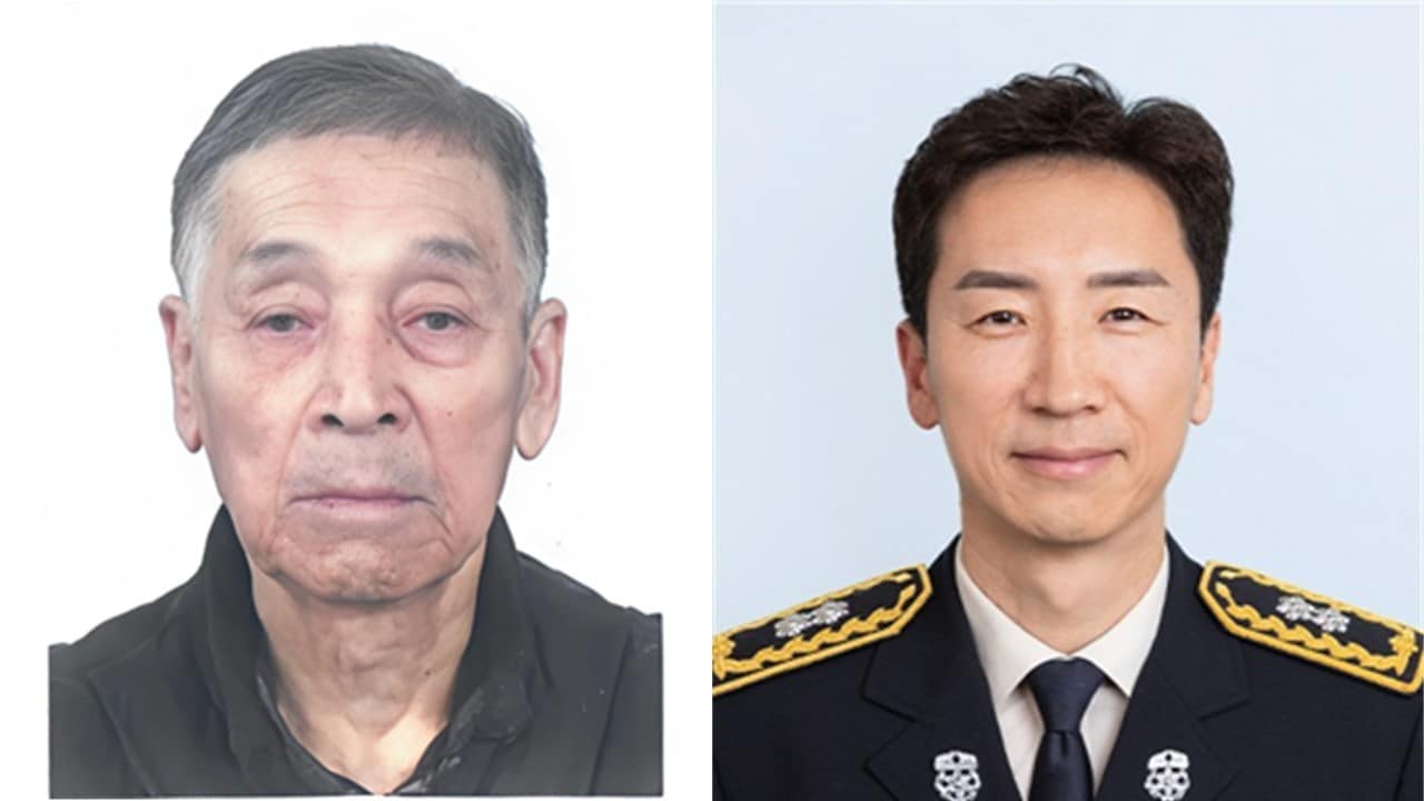 왼쪽부터 이필원 6·25전쟁 참전유공자와 그의 아들 이호근 소방경.(두산 베어스 제공)