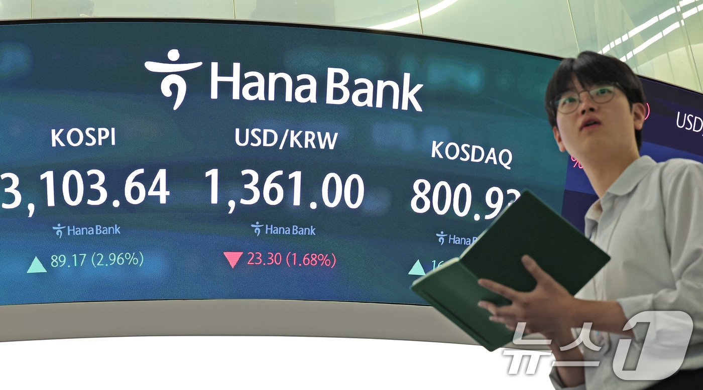 24일 오후 서울 중구 하나은행 딜링룸 전광판에 코스피와 코스닥 종가, 환율이 표시되고 있다. 2025.6.24/뉴스1 ⓒ News1 장수영 기자