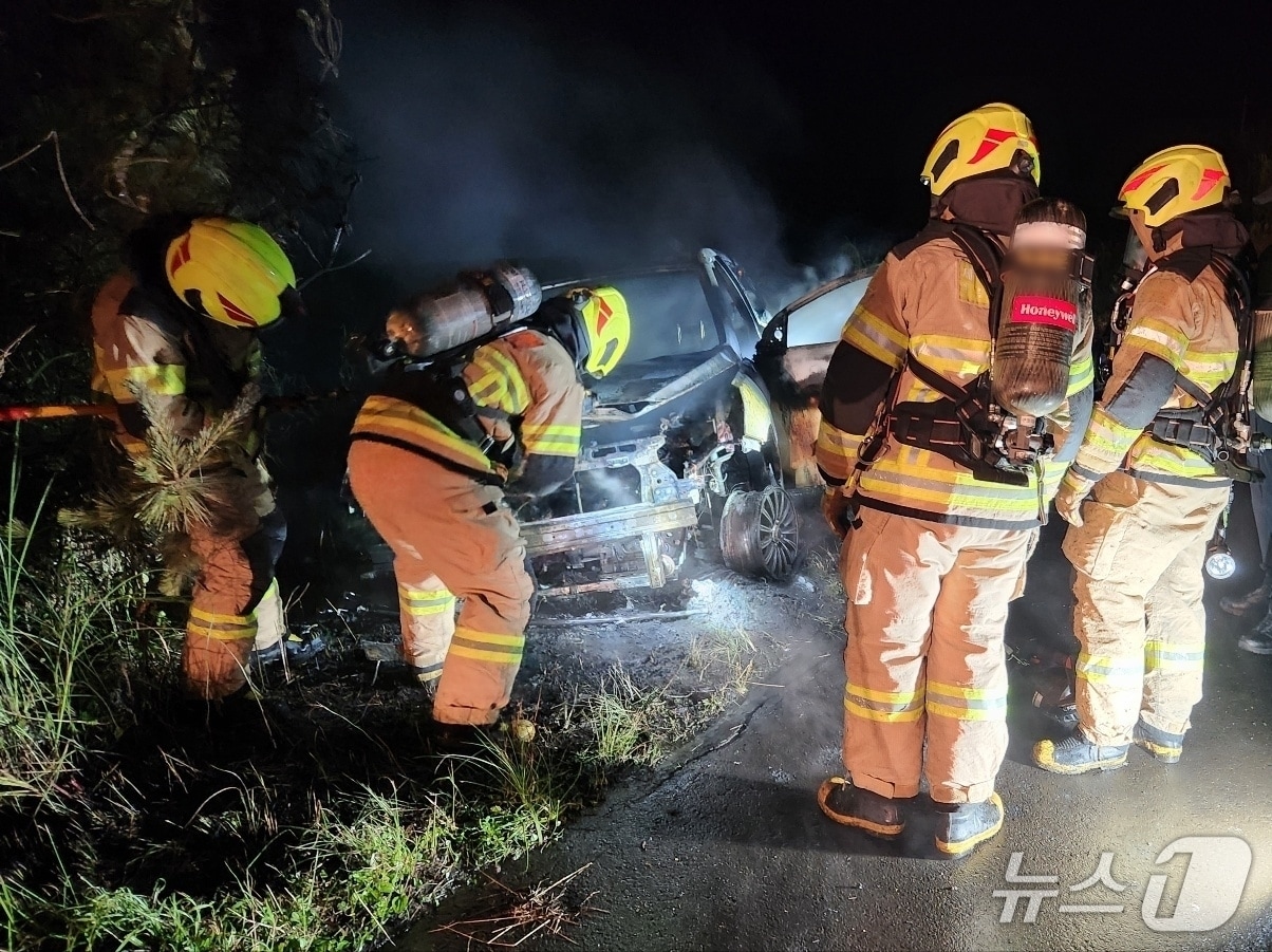 지난 25일 밤 제주시 구좌읍에서 발생한 차량 화재사고.(제주도소방안전본부 제공. 재판매 및 DB 금지)