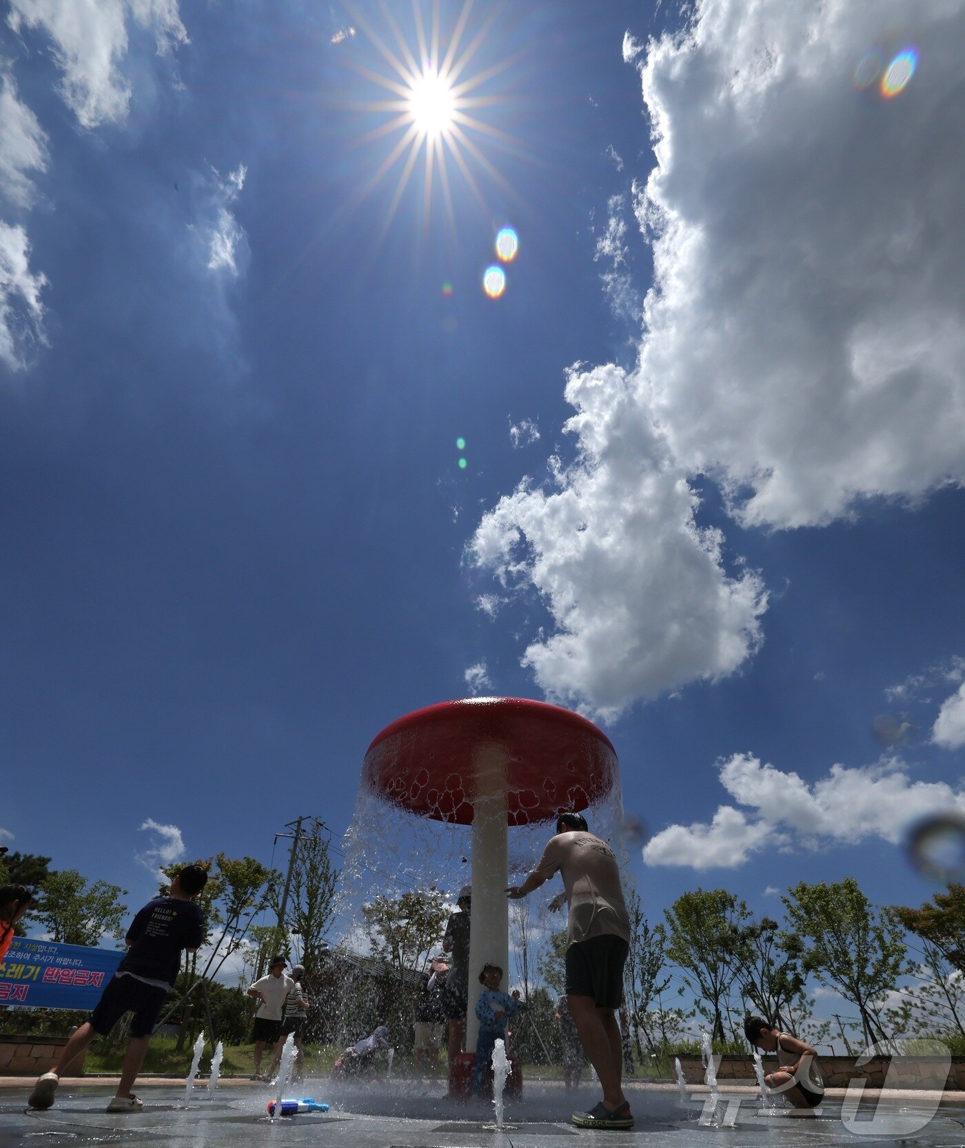 전북 전 지역에 폭염특보가 발효된 29일 전북 전주시 송천동 한 공원을 찾은 시민들이 바닥분수에서 물놀이를하며 더위를 식히고 있다. 2025.6.29/뉴스1 ⓒ News1 유경석 기자