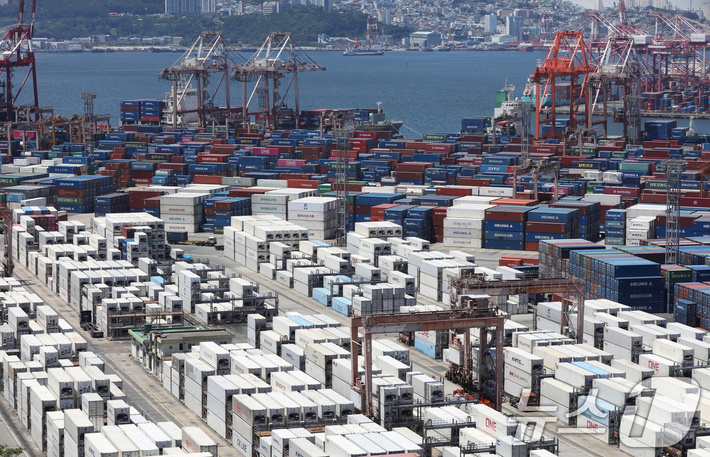 3부산항 신선대부두 야적장에 컨테이너가 가득 쌓여 있는 모습. 2025.6.30/뉴스1 ⓒ News1 윤일지 기자