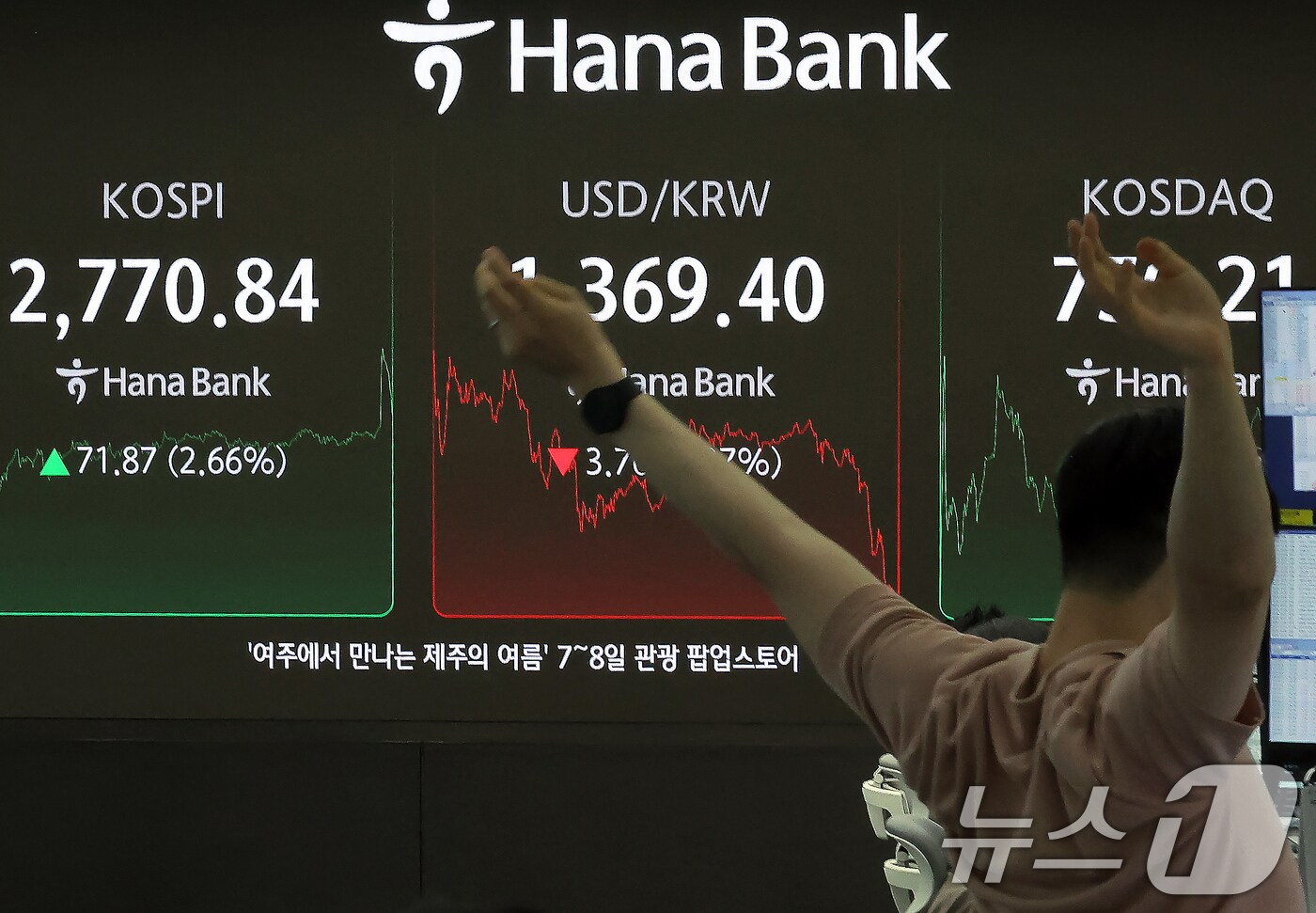 강력한 자본시장 선진화 의지를 보여온 이재명 대통령 취임 첫날인 4일 오후 서울 중구 하나은행 본점 딜링룸 전광판에 증시가 표시되고 있다. 2025.6.4/뉴스1 ⓒ News1 박정호 기자