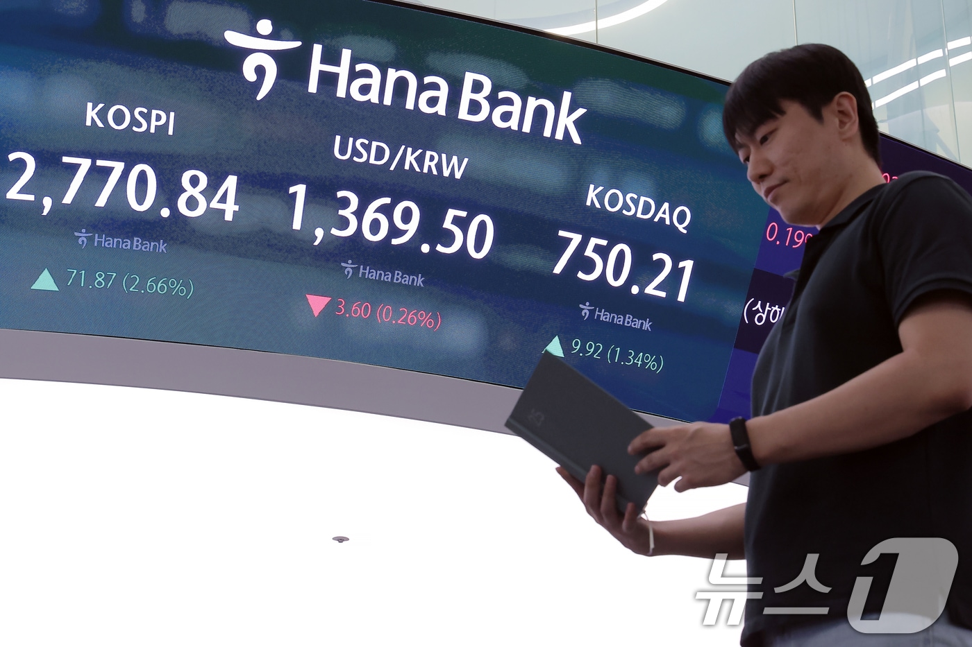 강력한 자본시장 선진화 의지를 보여온 이재명 대통령 취임 첫날인 4일 오후 서울 중구 하나은행 본점 딜링룸 전광판에 증시가 표시되고 있다.  2025.6.4/뉴스1 ⓒ News1 박정호 기자