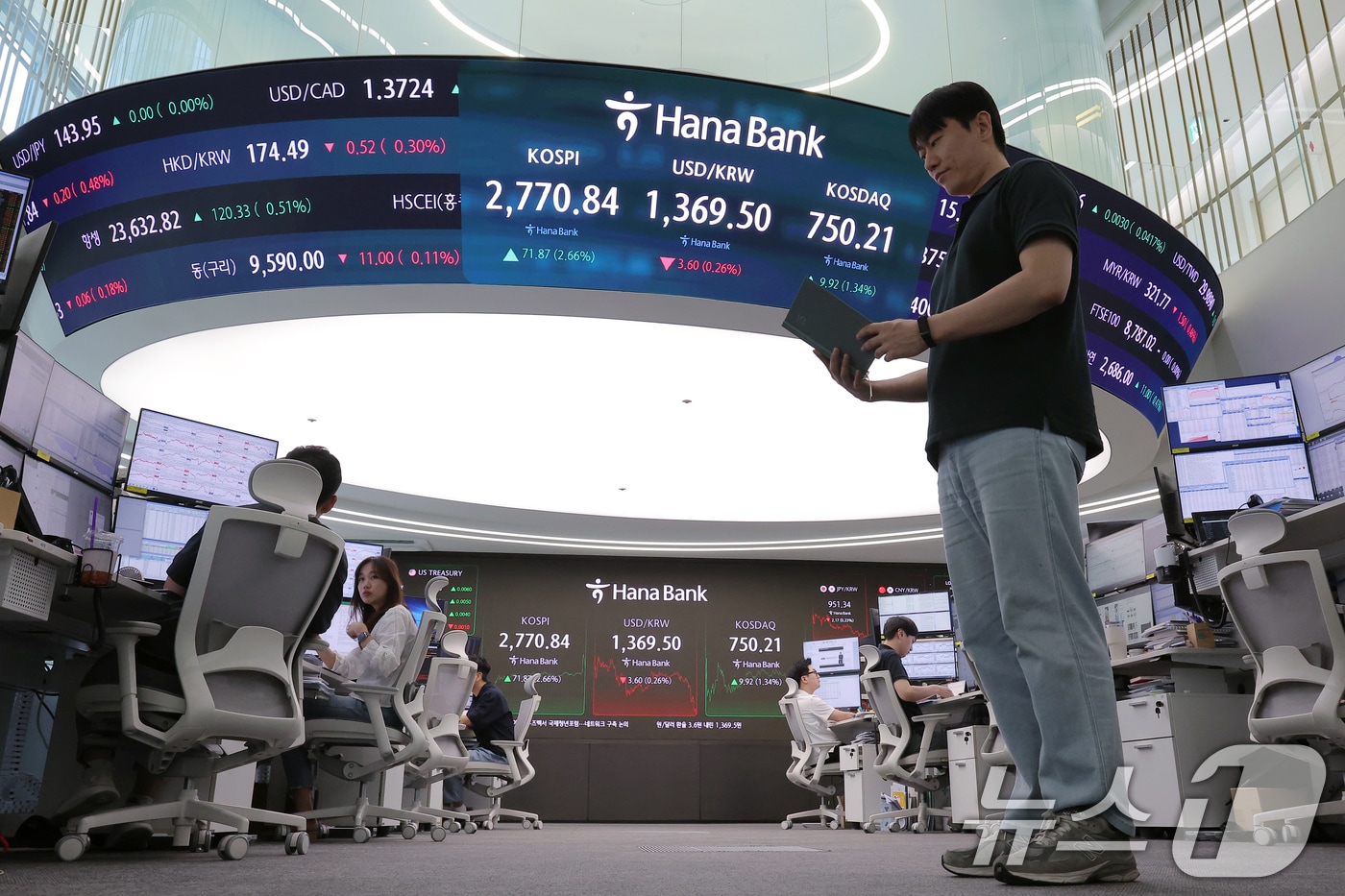 서울 중구 하나은행 본점 딜링룸 전광판./뉴스1 ⓒ News1 박정호 기자