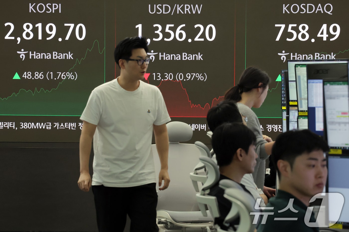 이재명 대통령 취임 이튿날에도 코스피가 1%대 상승하며 장중 2820선을 돌파한 5일 오전 서울 중구 하나은행 본점 딜링룸 전광판에 증시가 표시되고 있다. 장중 2800선을 뚫은 것은 지난해 7월 19일(2802.68p) 이후 약 11개월 만이다. 2025.6.5/뉴스1 ⓒ News1 박정호 기자