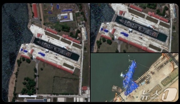 북한 나진항 도크에 정박한 신형 구축함의 모습이 찍힌 위성사진. 제이크 엡스타인&#40;Jake Epstein&#41;의 소셜네트워크서비스 계정 엑스&#40;X&#41; 갈무리.