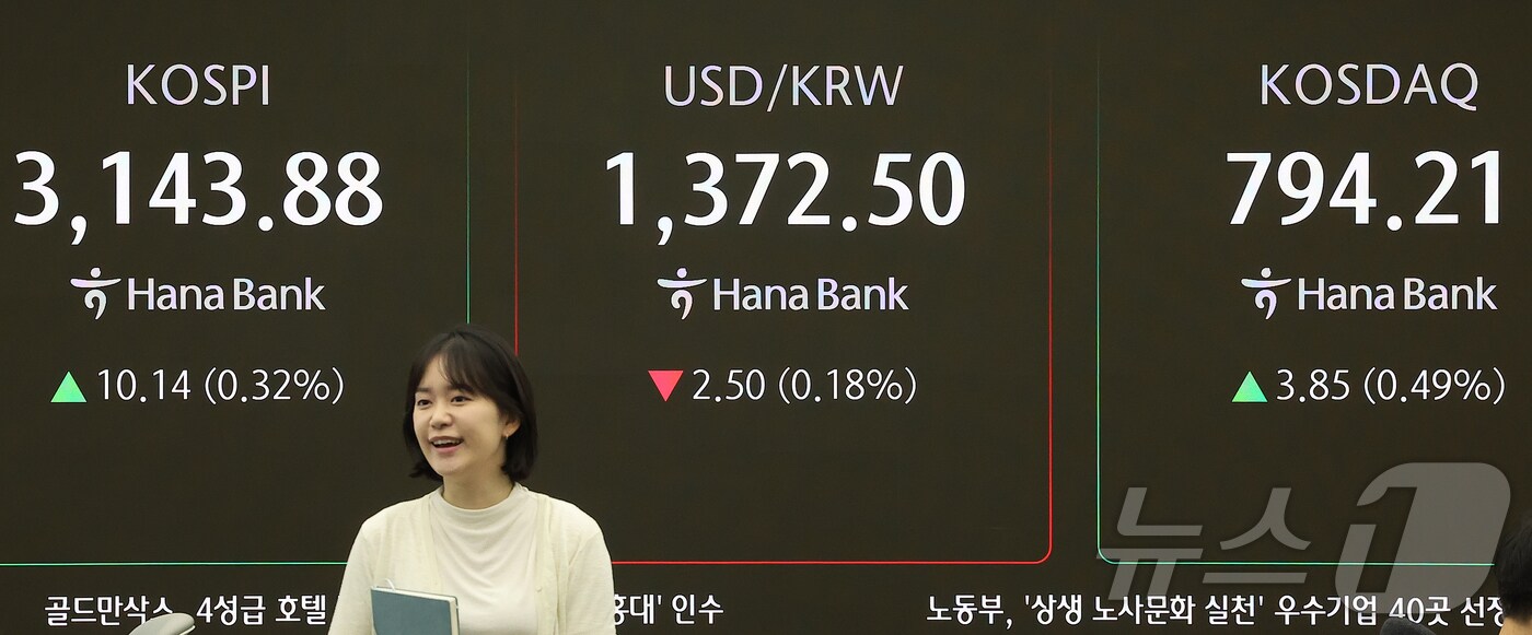 10일 오전 서울 중구 하나은행 딜링룸 전광판에 개장 시황이 나오고 있다. 이날 코스피는 전 거래일 대비 10.14포인트(0.32%) 오른 3,143.88, 코스닥은 3.85포인트(0.49%) 오른 794.21을나타내고 있다. 서울외환시장에서 원·달러 환율은 전 거래일 대비 2.50원 내린 1372.50원을 나타내고 있다. 2025.7.10/뉴스1 ⓒ News1 김진환 기자