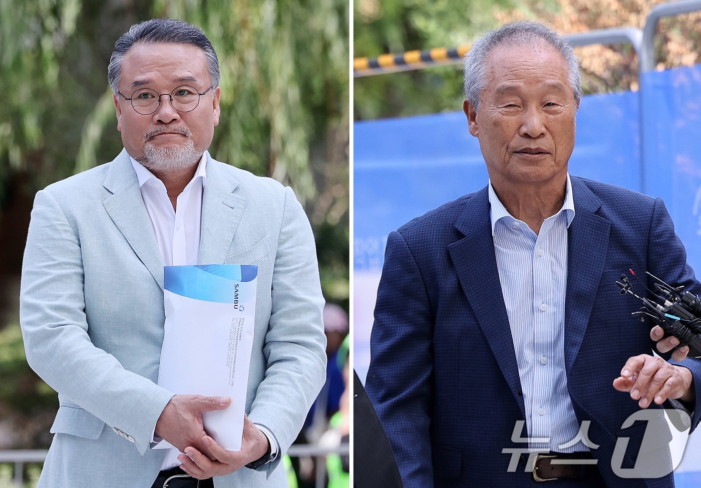 이일준 삼부토건 회장&#40;사진 왼쪽&#41;과 조성옥 전 삼부토건 회장이 10일 오전 서울 종로구 윤석열 전 대통령의 부인 김건희 여사 관련 의혹을 수사하는 민중기 특별검사팀 사무실에 조사를 받기 위해 출석하고 있다.  2025.7.10/뉴스1 ⓒ News1 박지혜 기자