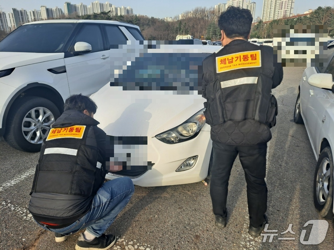 안산시 체납기동팀이 체납차량에 대한 번호판 영치 작업을 진행하고 있다.(안산시 제공)