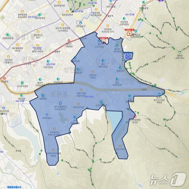 대구 달서구 상인3동, 도원동 전역, 진천동, 상인1·2동 일부 지역에 15일 오후 10시부터 흐린 물 출수가 예상된다. 이미지는 흐린 물 출수 예상 지역 위치도. (대구시 제공. 재판매 및 DB 금지)/뉴스1
