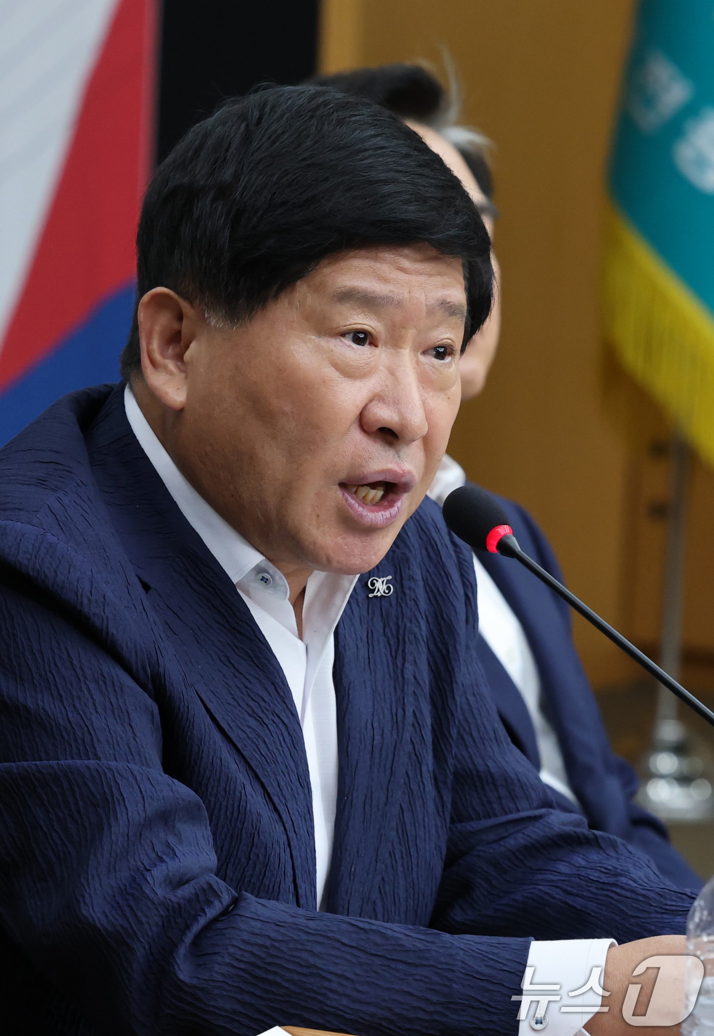 홍성현 충남도의회 의장이 14일 대전시청 대회의실에서 열린 대전충남 행정통합 특별법(안) 증정식에서 발언하고 있다. 2025.7.14/뉴스1 ⓒ News1 김기태 기자