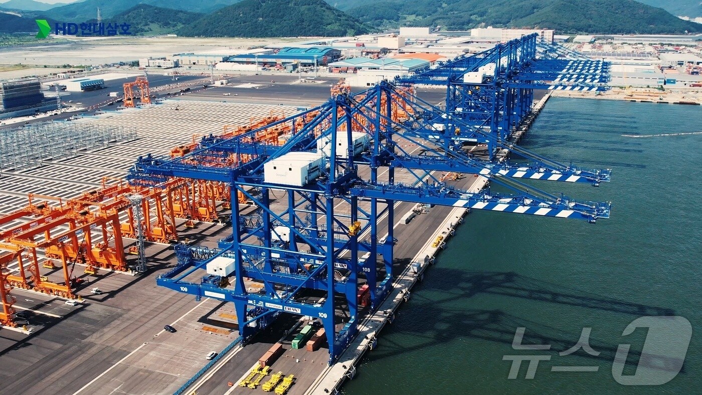 HD현대삼호가 2023년 부산신항에 설치한 더블 트롤리 안벽 크레인(DTQC).