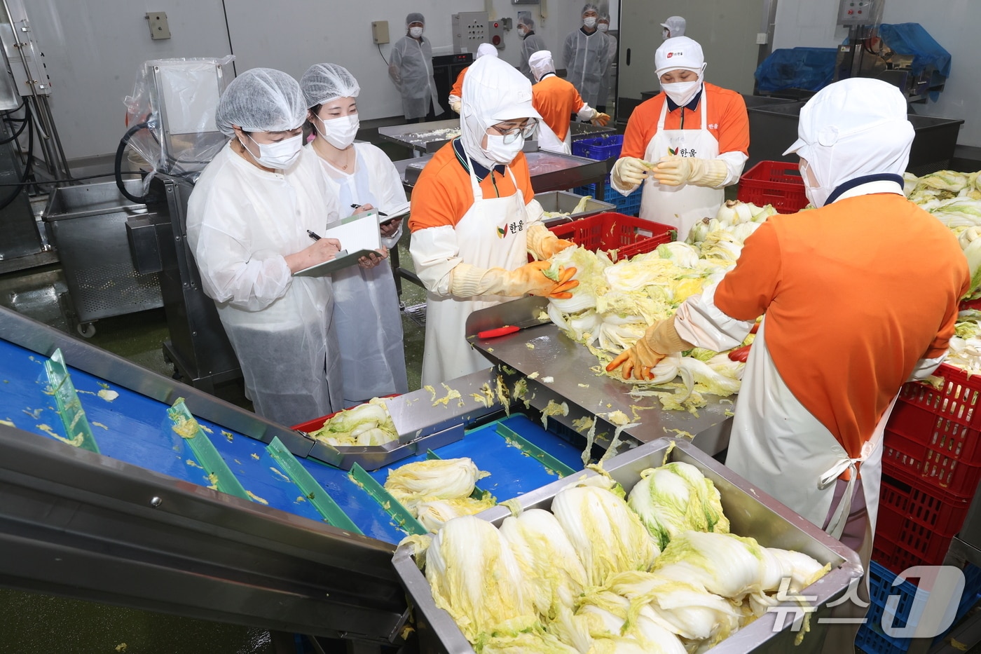 조달청 직원이 15일 충남 청양 소재 군납 식품 제조기업인 한울을 방문해 군 장병에게 공급되는 군납 김치류 제조 공정의 위생을 꼼꼼히 점검하고 있다. (조달청 제공.재판매 및 DB금지)/뉴스1