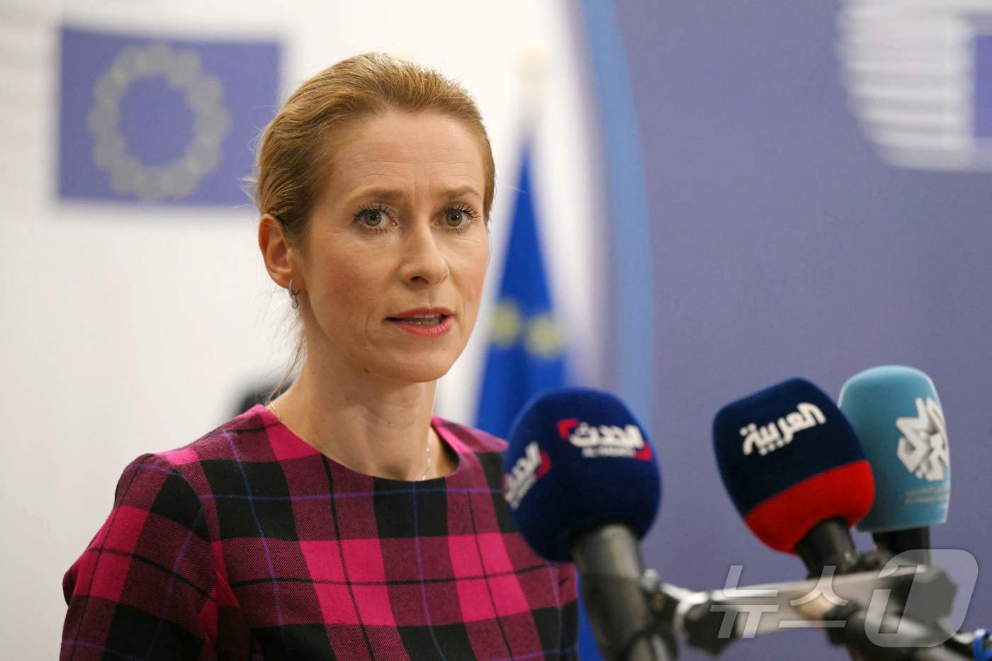 14일&#40;현지시간&#41; 카야 칼라스 유럽연합&#40;EU&#41; 외교안보 고위대표가 벨기에 브뤼셀에서 기자들의 질문에 답하고 있다. 2025.07.14 ⓒ AFP=뉴스1 ⓒ News1 김지완 기자