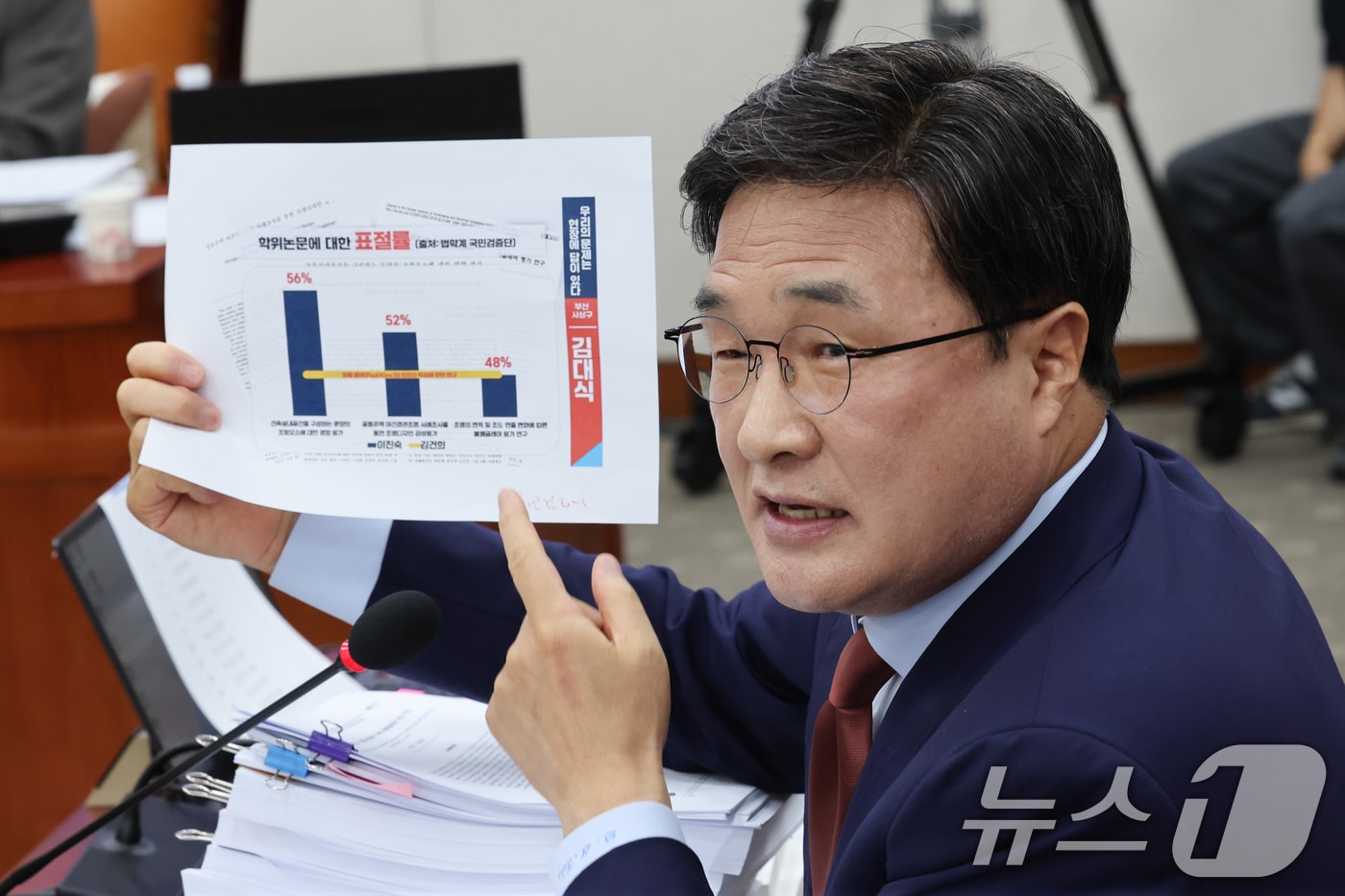 김대식 국민의힘 의원이 16일 오전 서울 여의도 국회 교육위원회에서 열린 이진숙 사회부총리 겸 교육부 장관 후보자 인사청문회에서 질의하고 있다. 2025.7.16/뉴스1 ⓒ News1 안은나 기자