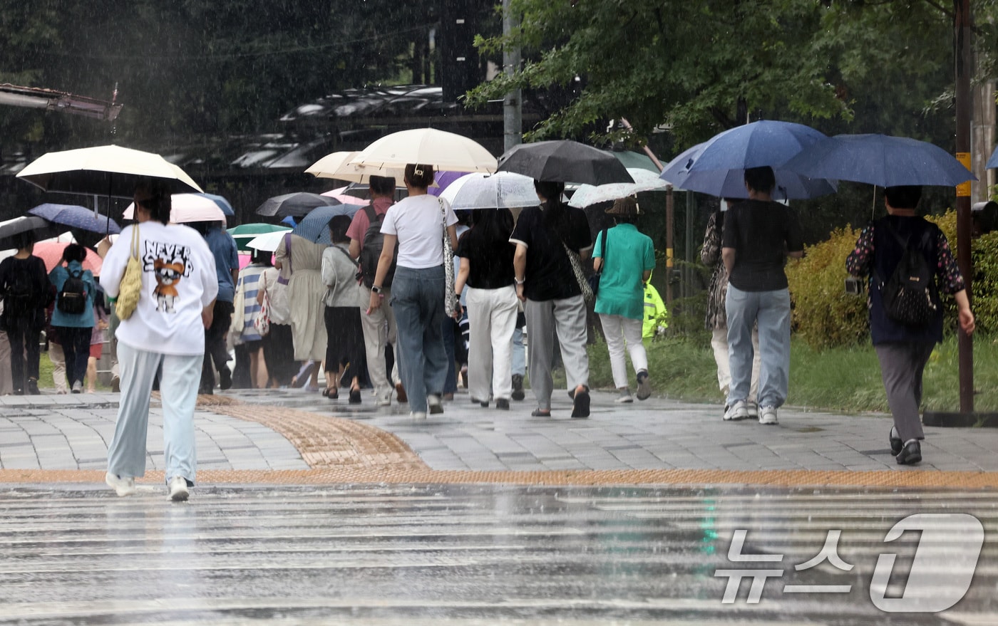 16일 오후 서울 서초구 반포동 일대에서 우산을 쓴 시민들이 내리는 비를 피해 걷고 있다. 2025.7.16/뉴스1 ⓒ News1 구윤성 기자
