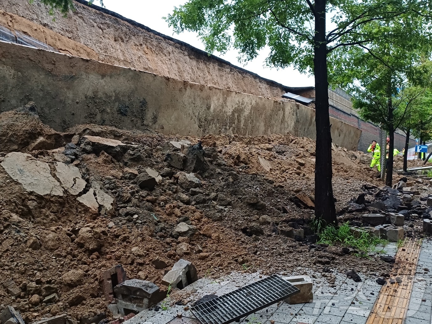 16일 오후 경기 오산시 가장교차로 고가도로 옹벽이 무너져 소방관들이 매몰된 차량 구조작업을 하고 있다. (경기도소방재난본부 제공. 재판매 및 DB 금지) 2025.7.16/뉴스1 ⓒ News1 김기현 기자