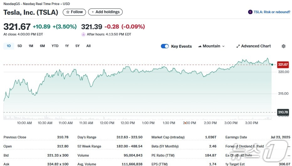 테슬라 일일 주가추이 - 야후 파이낸스 갈무리