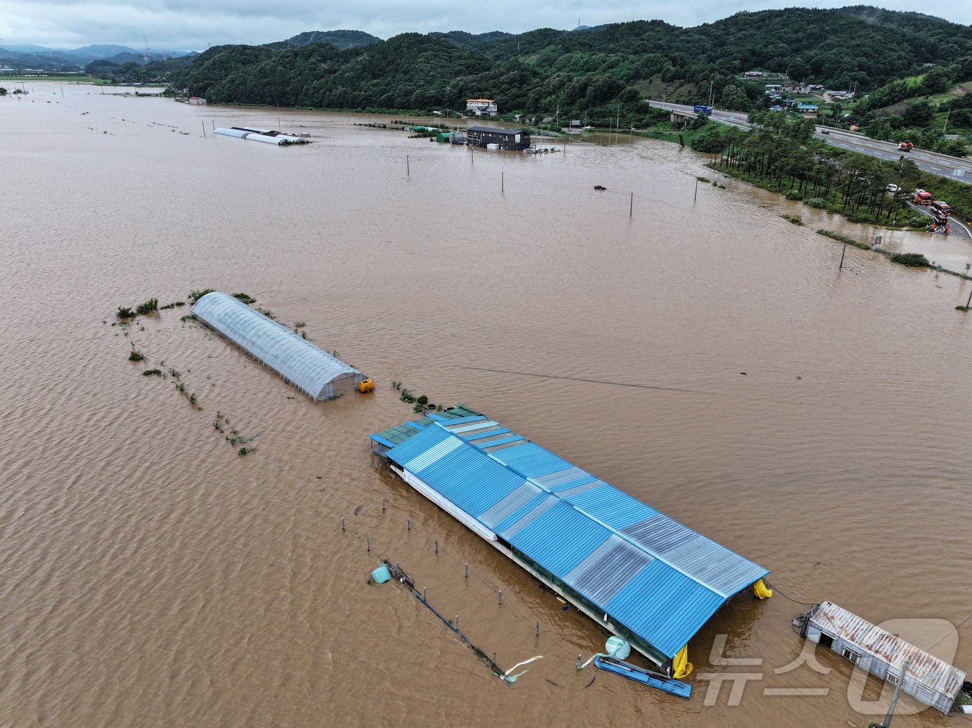충청권을 중심으로 호우특보가 내려진 17일 충남 당진시 행정동 일대가 역천 범람으로 침수돼 있다. 2025.7.17/뉴스1 ⓒ News1 김도우 기자
