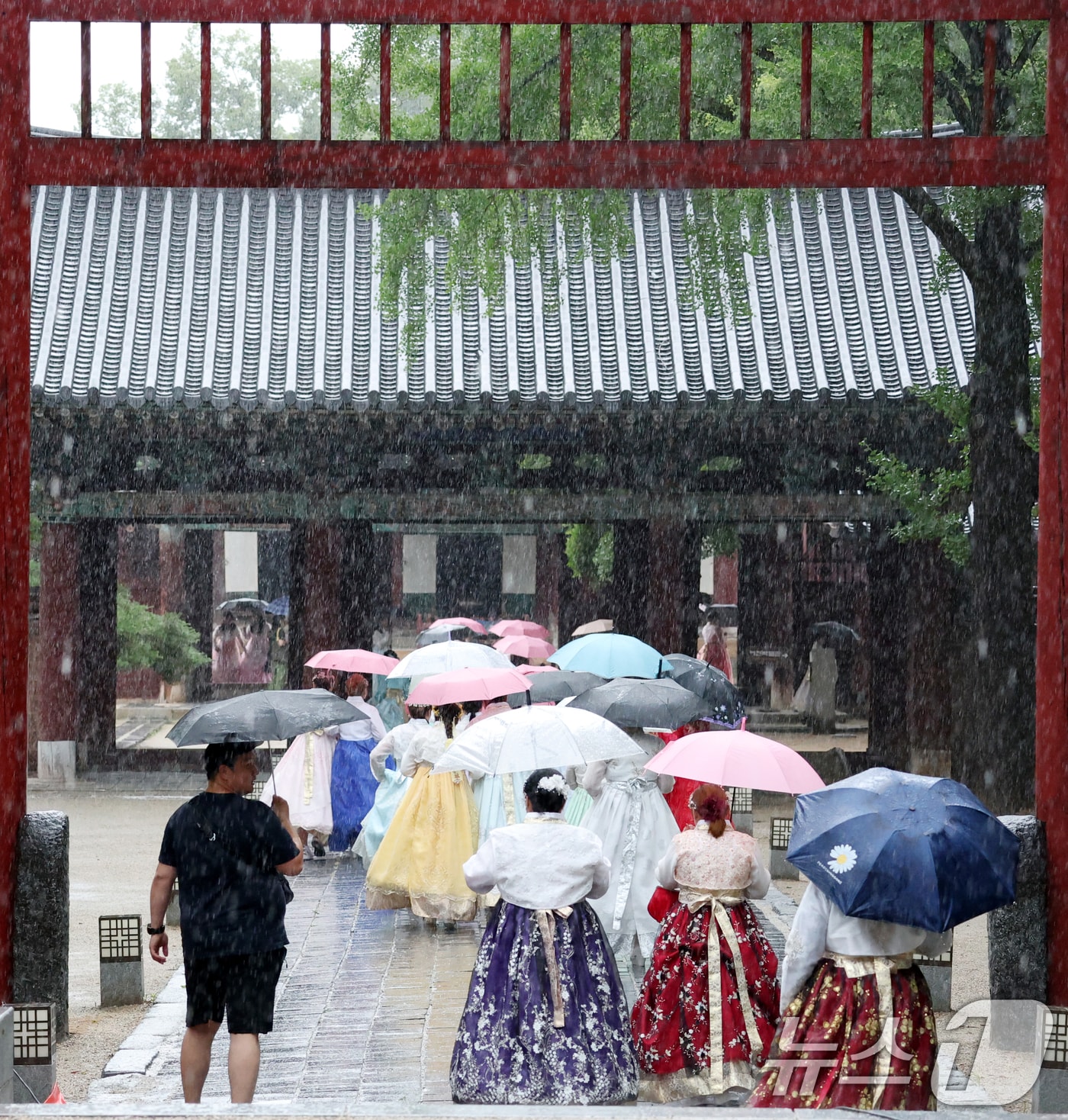 전북 전 지역에 호우특보 발효된 지난 17일 전북 전주시 한옥마을 경기전에서 우산을 쓴 관광객들이 발걸음을 재촉하고 있다. 2025.7.17/뉴스1 ⓒ News1 유경석 기자