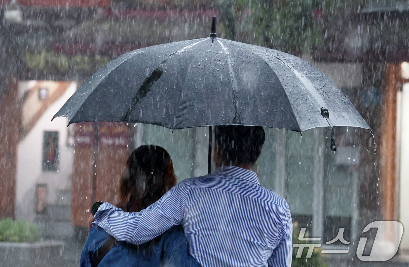 전북 전주시 한옥마을 경기전에서 우산을 쓴 관광객들이 발걸음을 재촉하고 있다./뉴스1 ⓒ News1 유경석 기자