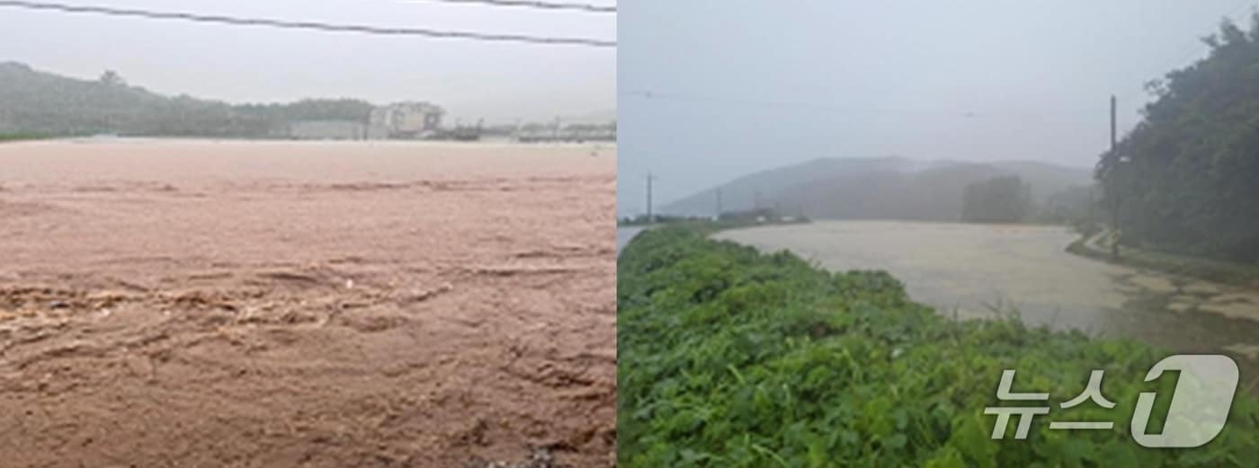 17일 집중 호우로 진주시 명석면 외율마을이 침수됐고(왼쪽) 수곡면 농경지가 물에 잠겼다(진주시 제공. 재판매 및 DB금지). 2025.7.17