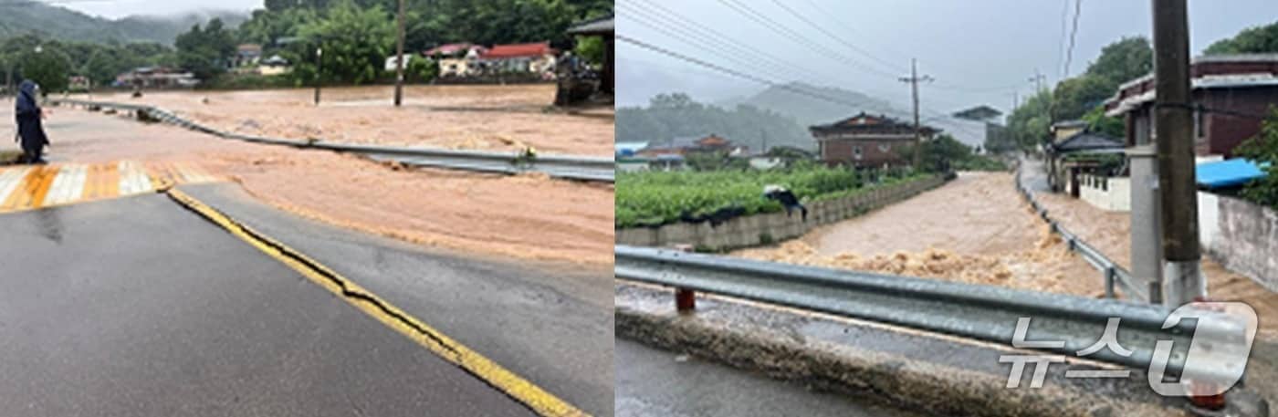17일 집중 호우로 진주시 명석면 외율마을 도로가 침수(왼쪽)됐고 미천면에서는 미곡천이 범람했다(진주시 제공. 재판매 및 DB금지).