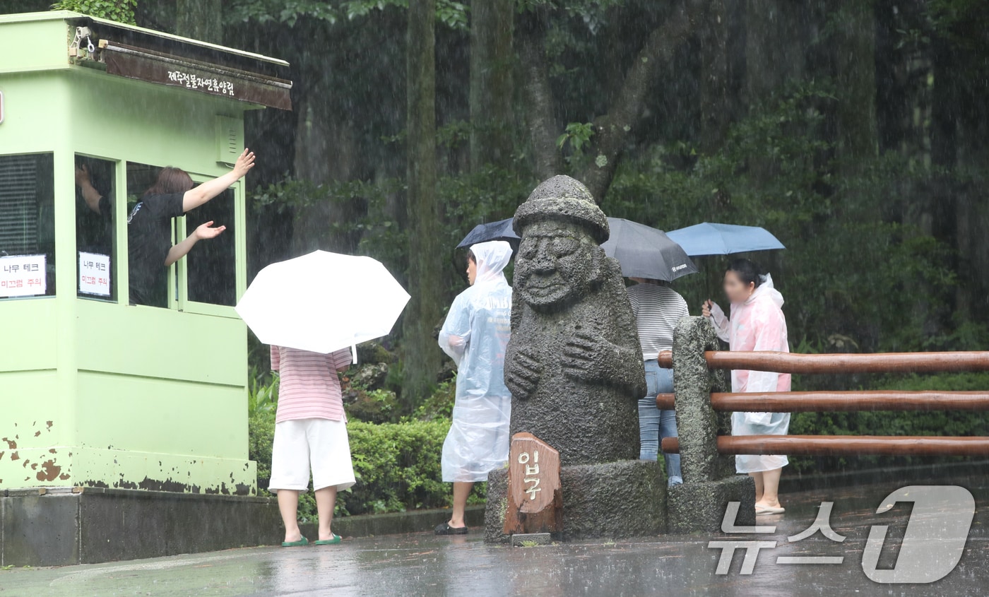 제주도 산지·북부 중산간에 호우특보가 내려진 18일 오후 제주시 봉개동 절물자연휴양림에 많은 비가 내려 탐방객이 급히 발걸음을 옮기고 있다. 2025.7.18/뉴스1 ⓒ News1 오현지 기자