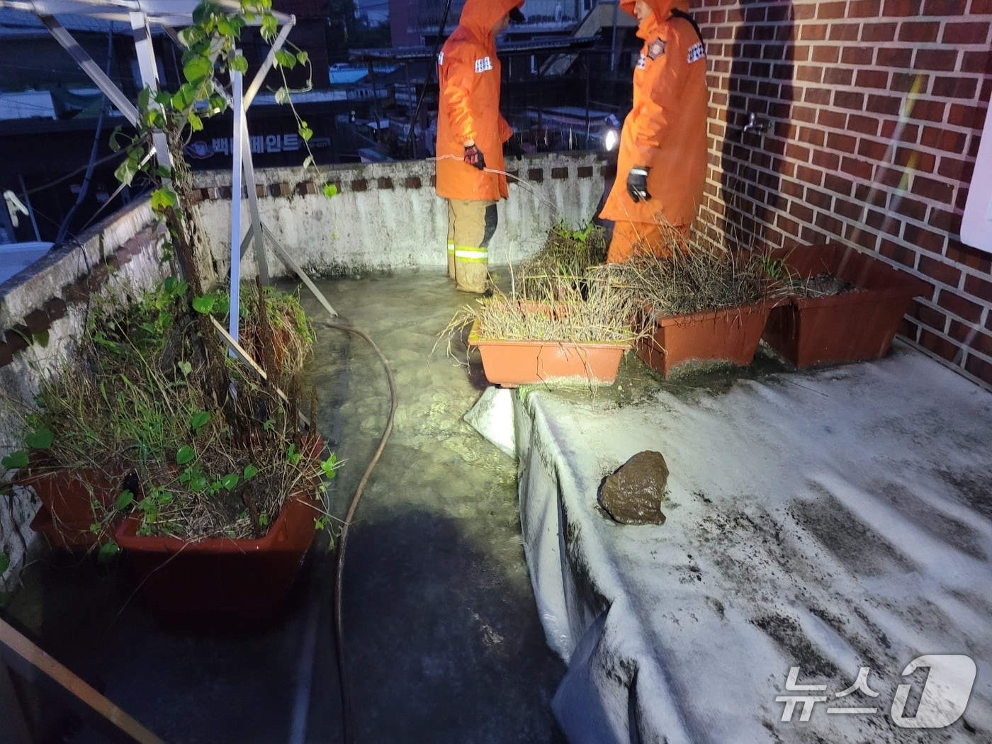 19일 오전 4시29분쯤 경남 함안군 가야읍 한 주택이 침수돼 소방대원들이 배수작업을 하고 있다.(경남소방본부 제공. 재판매 및 DB금지)