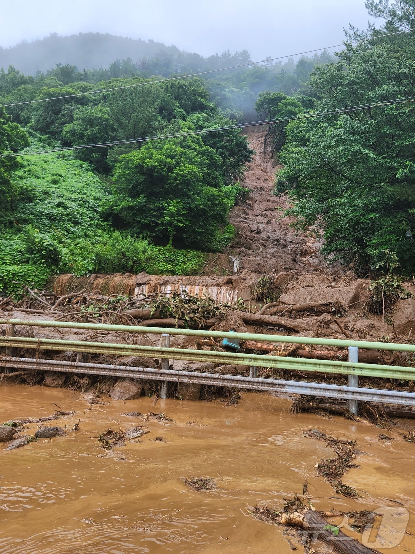 19일 경남 하동군 악양면에서 토사가 유실돼 흙탕물이 흘러내리고 있다.(하동군 제공. 재판매 및 DB금지)