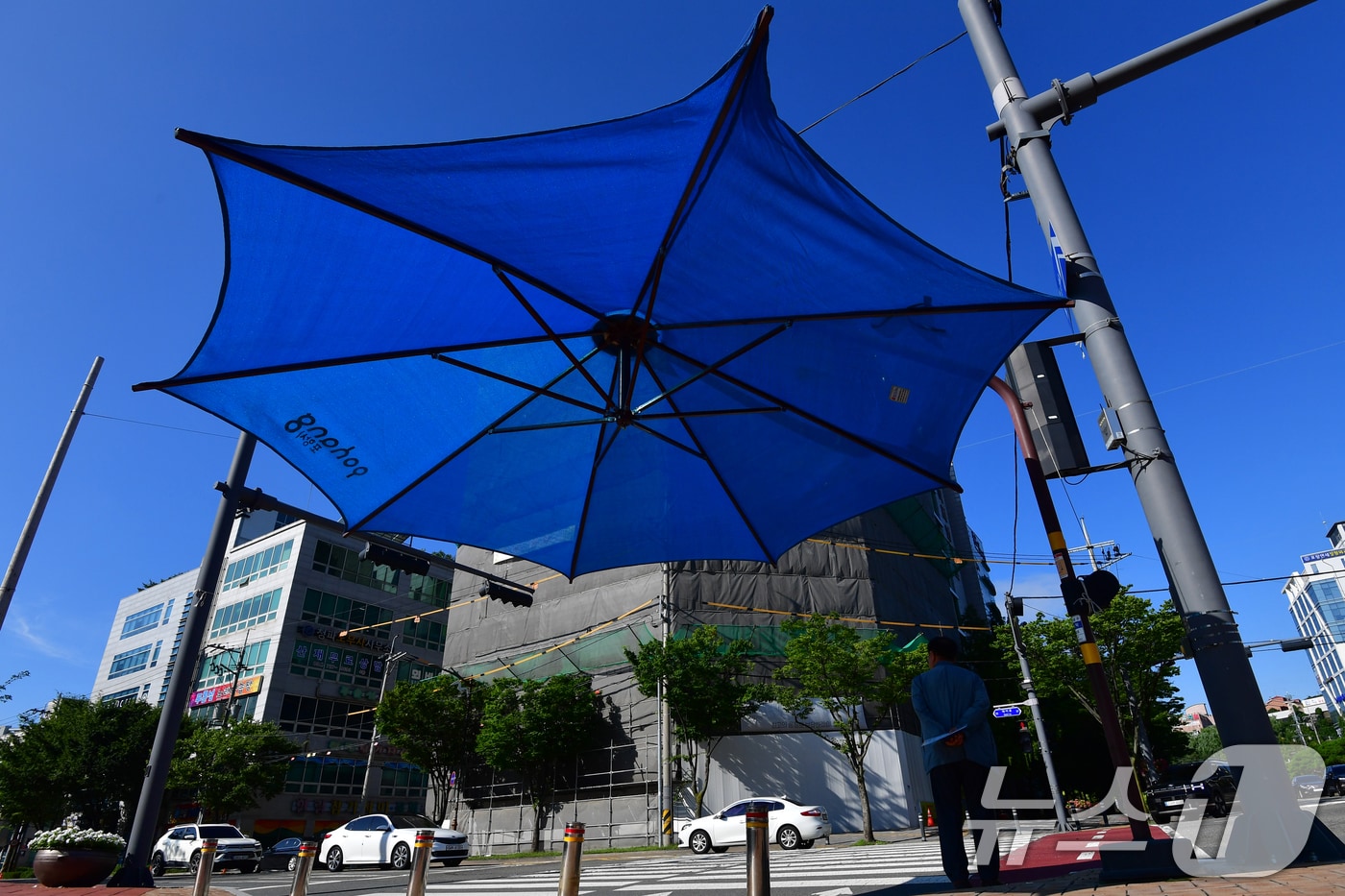 21일 오전 출근길에 니선 시민이 대형 우산 그늘막 밑에서 햇볕을 피하고 있다. 2025.7.21/뉴스1 ⓒ News1 최창호 기자