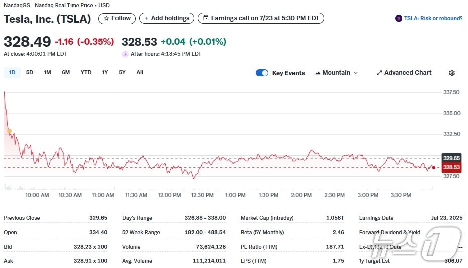 테슬라 일일 주가추이 - 야후 파이낸스 갈무리