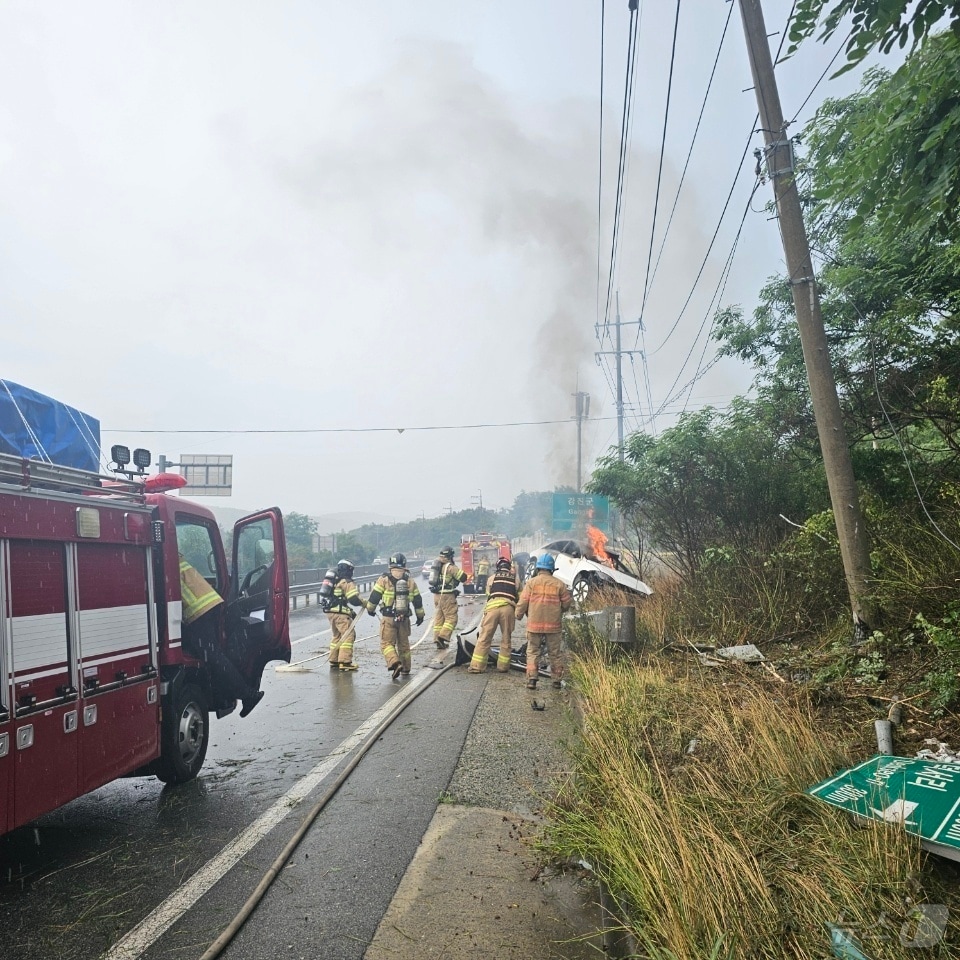 21일 오후 5시 28분쯤 전남 강진군 도암면 한 도로를 달리던 전기차가 전신주를 들이받은 뒤 화재가 발생해 소방당국이 진화 작업을 벌이고 있다.(강진소방서 제공. 재판매 및 DB 금지)