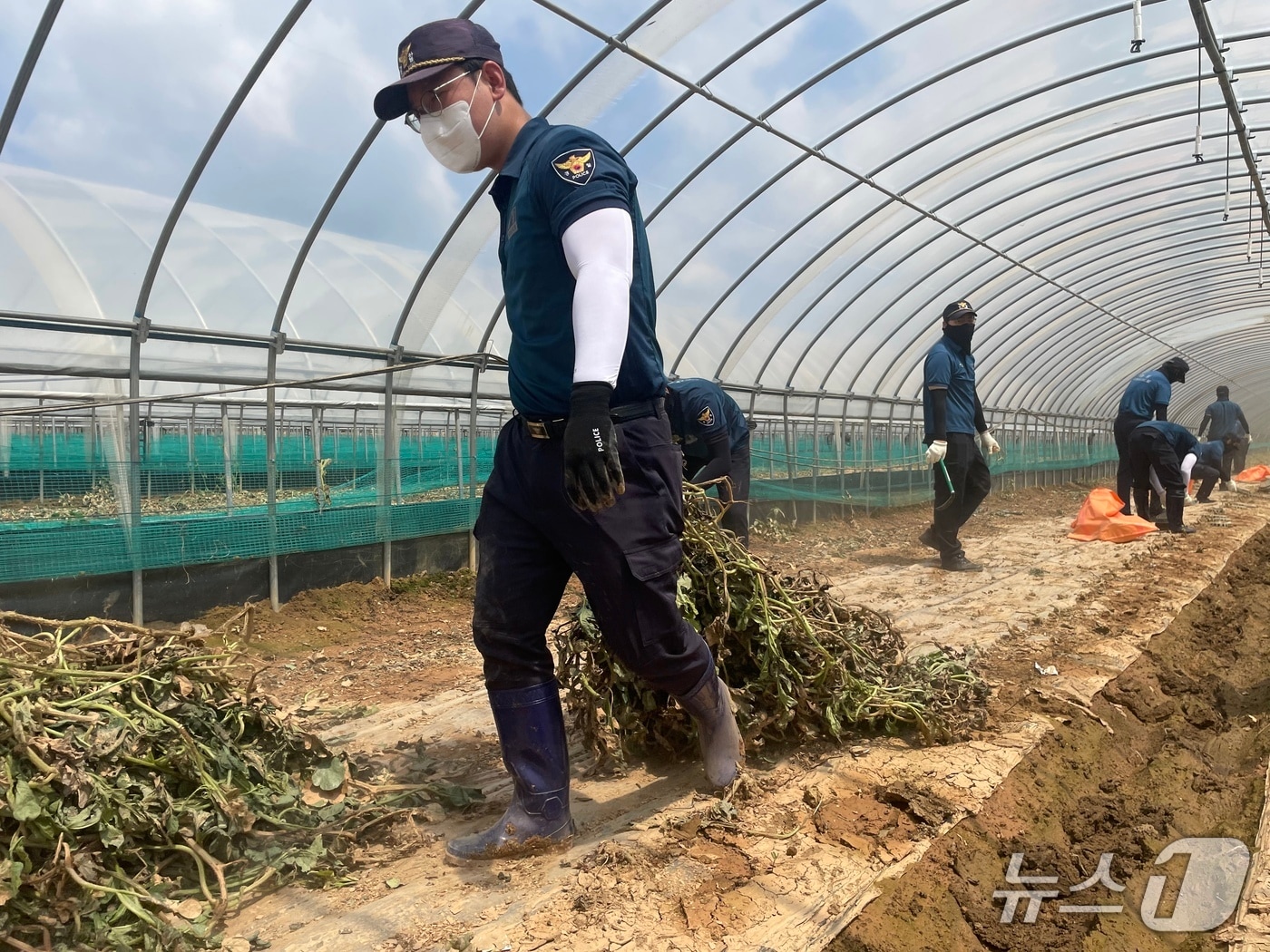 전북경찰청 기동대 한 경찰관이 침수 피해가 발생한 고창군 한 농가에서 수해복구 활동을 하고 있다.(전북경찰청 제공. 재판매 및 DB금지)