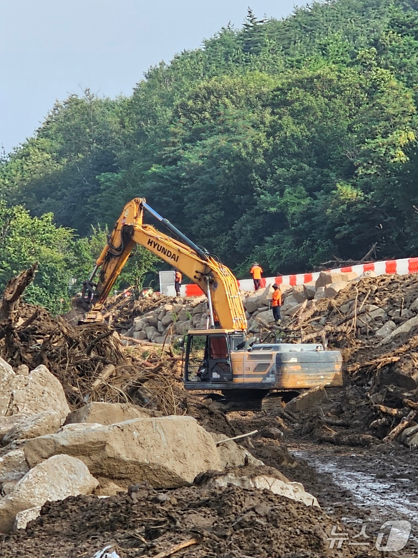 산청군 신안면 외송리 실종자를 찾기 위해 관계 당국이 23일 오전부터 수색 작업을 벌이고 있다. 2025.7.23/뉴스1 한송학기자