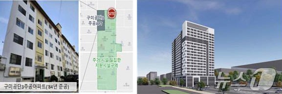 구미시 평생학습원에서 구미 국가산업단지 근로자 주거 지원을 위한 오피스텔형 임대주택 '청년드림타워' 공사를 시작했다. 사진 왼쪽이 조감도.(경북도 제공, 재판매 및 DB 금지) ⓒ News1 김대벽기자