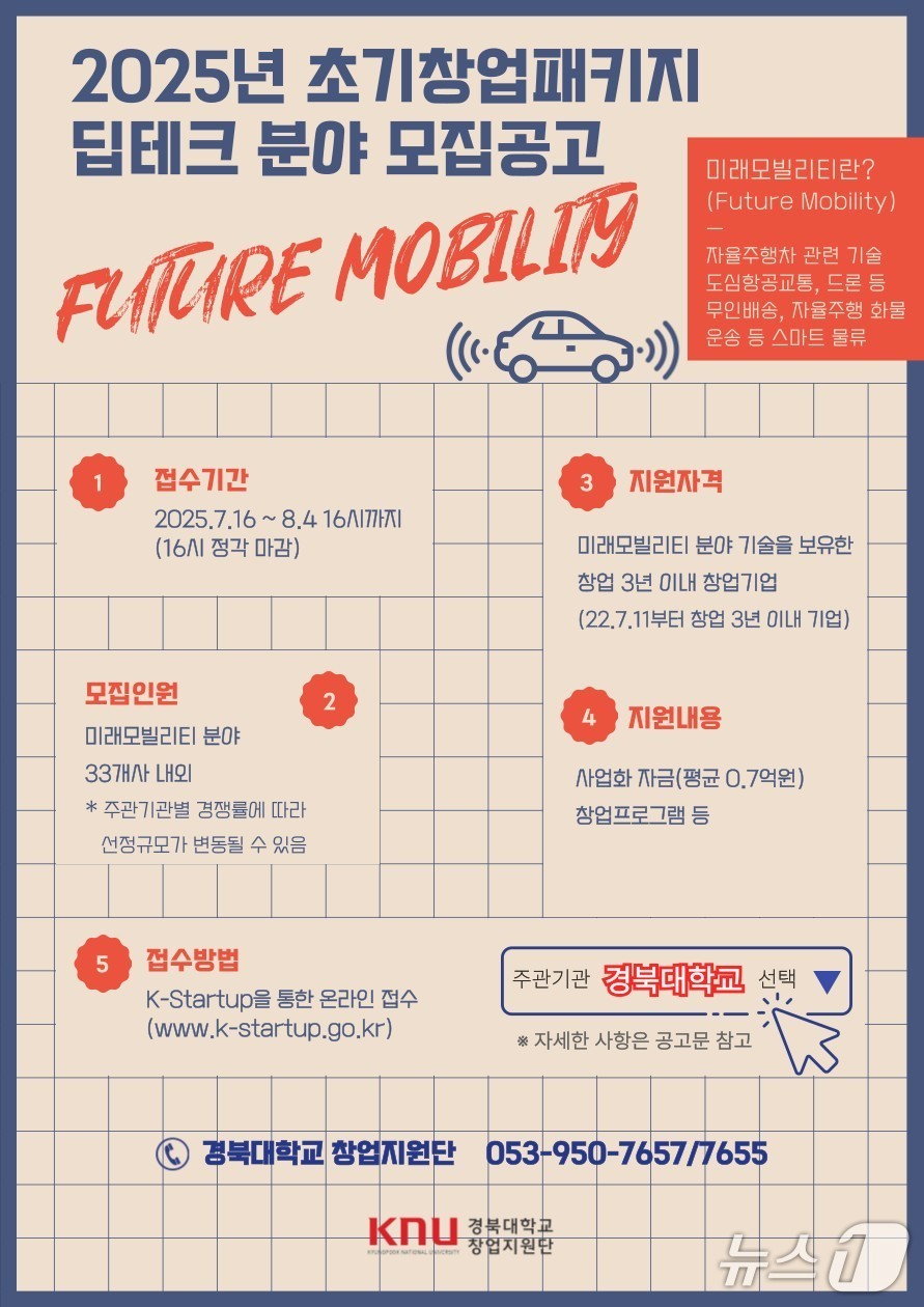 경북대 창업지원단이 중소벤처기업부가 주관하는 '2025년 초기창업패키지 지원사업' 딥테크 분야 중 '미래모빌리티' 분야에 참여할 창업기업을 모집한다. (경북대 제공. 재판매 및 DB 금지)/뉴스1