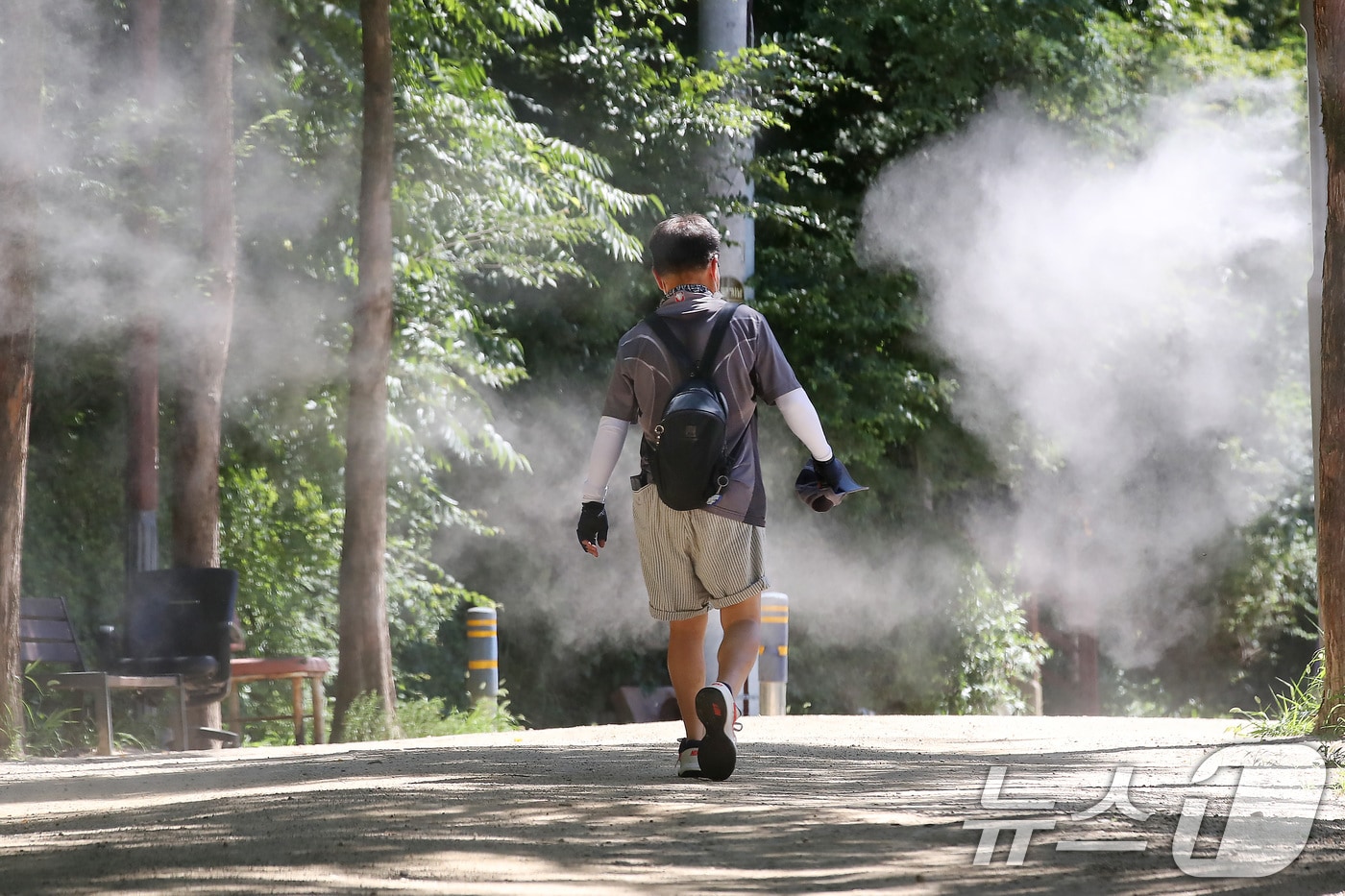 대구 남구 앞산 고산골에서 시민들이 쿨링포그가 가동된 등산로를 걷고 있다. 2025.7.29/뉴스1 ⓒ News1 공정식 기자