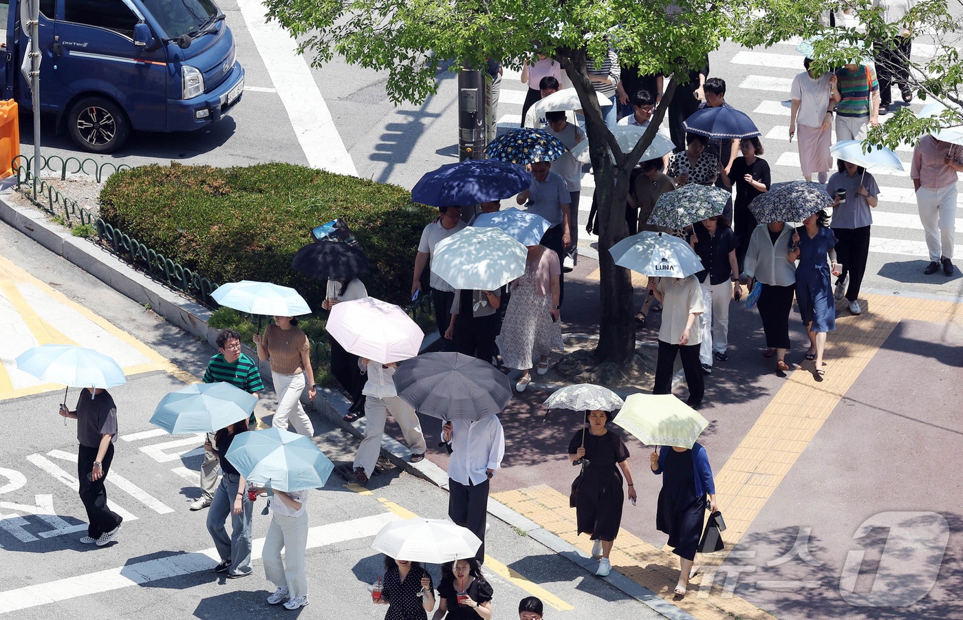 찜통더위가 이어지고 있는 3일 광주 북구청 교차로에 구청 공직자들이 점심시간 양산을 쓰고 이동하고 있다. (광주 북구 제공. 재판매 및 DB 금지) 2025.7.3/뉴스1 