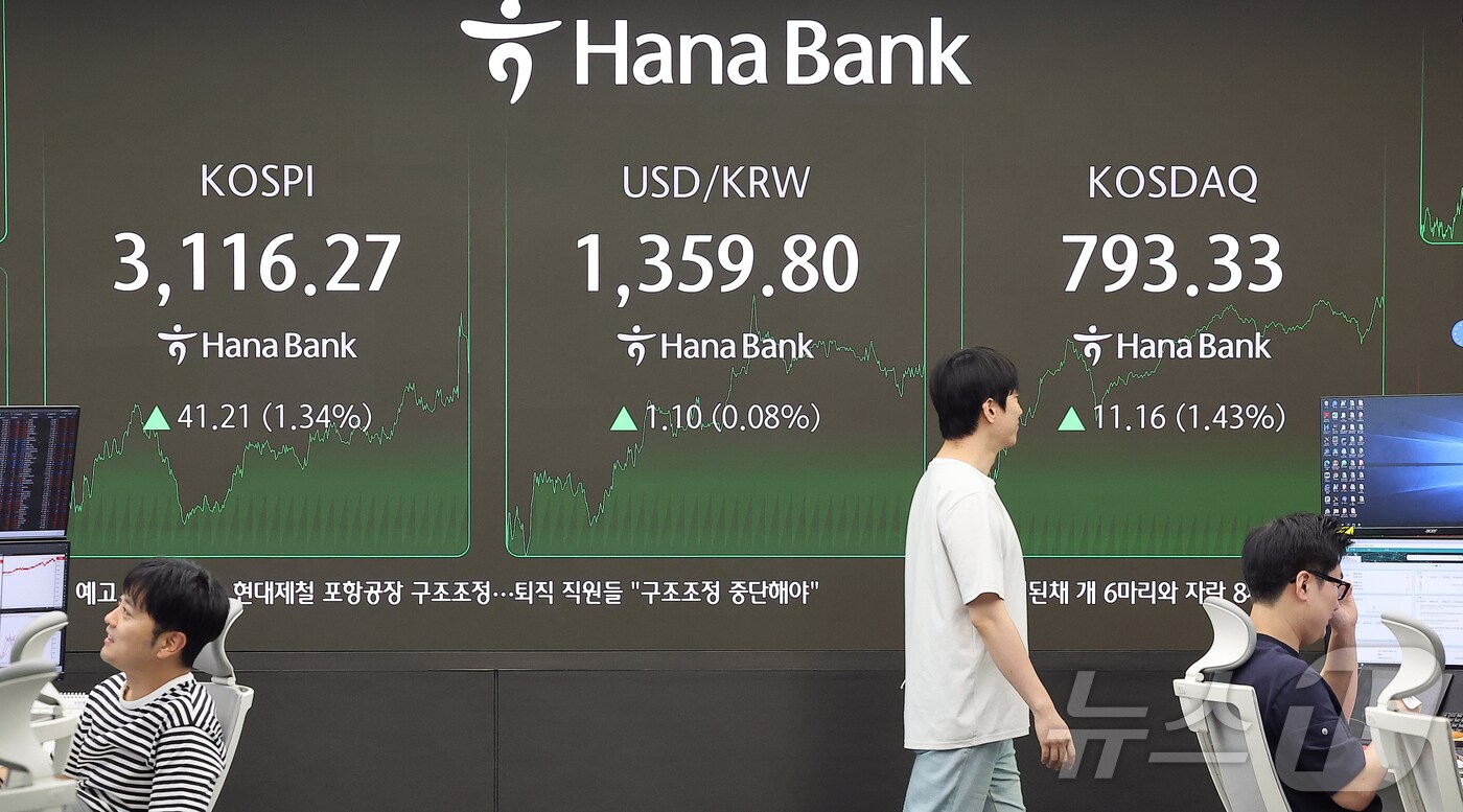 3일 오후 서울 중구 하나은행 본점 딜링룸 전광판에 코스피 종가 현황이 표시돼 있다. 2025.7.3/뉴스1 ⓒ News1 김진환 기자