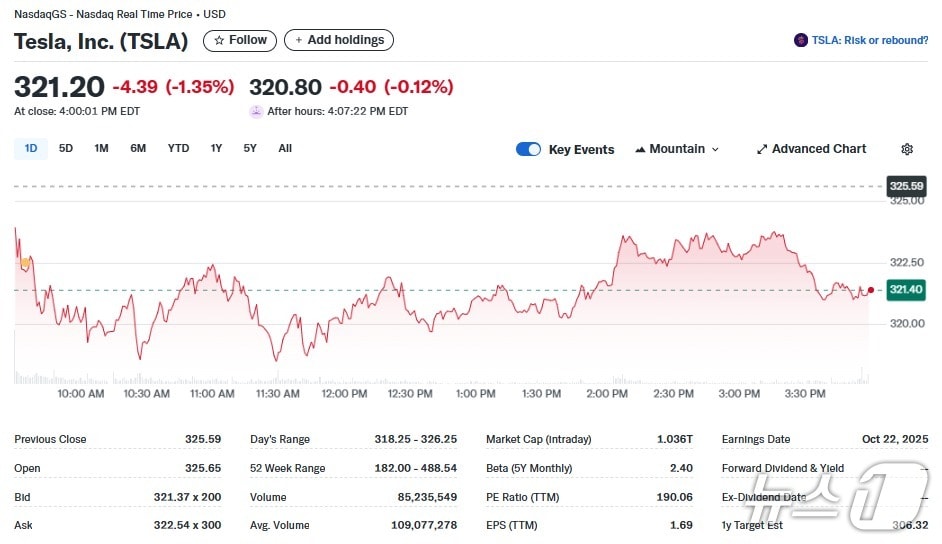 테슬라 일일 주가추이 - 야후 파이낸스 갈무리