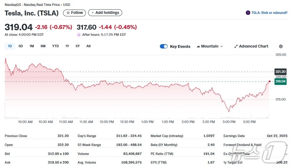테슬라 일일 주가추이 - 야후 파이낸스 갈무리