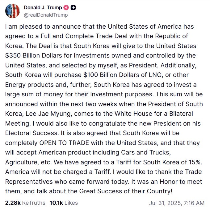 도널드 트럼프 미국 대통령의 한국과의 무역 합의 발표문. <출처=트루스소셜 게시물 갈무리>